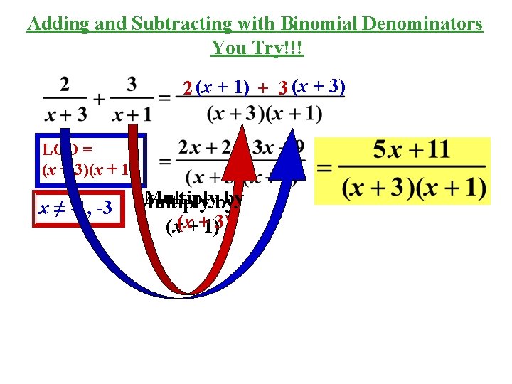 Adding and Subtracting with Binomial Denominators You Try!!! 2 (x + 1) + 3 Adding and Subtracting with Binomial Denominators You Try!!! 2 (x + 1) + 3