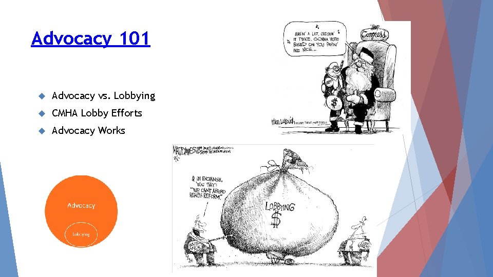 Advocacy 101 Advocacy vs. Lobbying CMHA Lobby Efforts Advocacy Works 