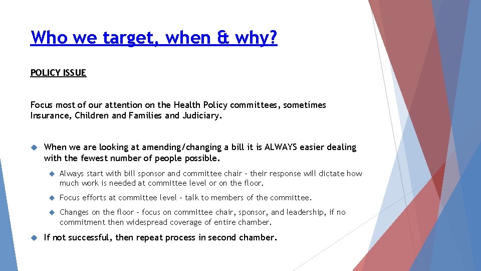 Who we target, when & why? POLICY ISSUE Focus most of our attention on