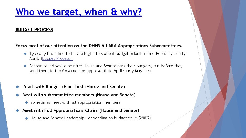 Who we target, when & why? BUDGET PROCESS Focus most of our attention on