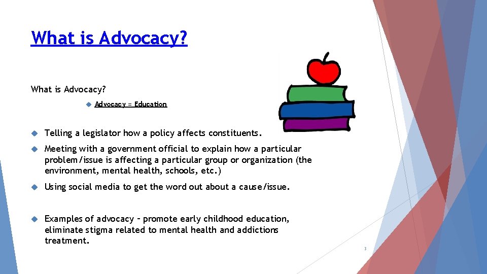 What is Advocacy? Advocacy = Education Telling a legislator how a policy affects constituents.