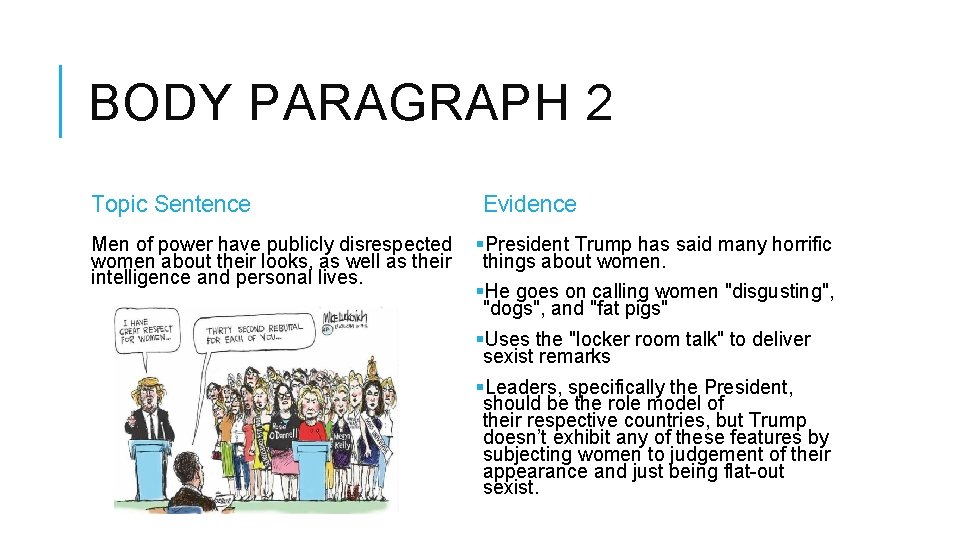 BODY PARAGRAPH 2 Topic Sentence Evidence Men of power have publicly disrespected §President Trump