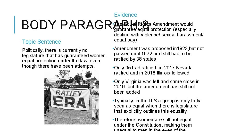 Evidence BODY PARAGRAPH 3 Topic Sentence Politically, there is currently no legislature that has