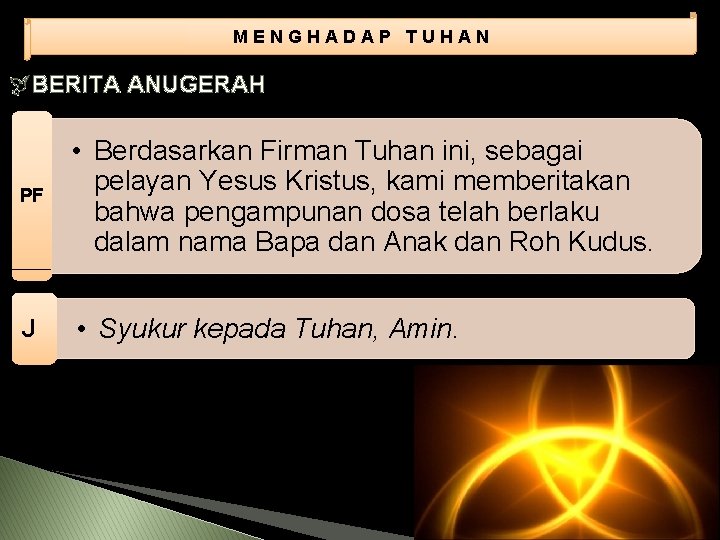 MENGHADAP TUHAN BERITA ANUGERAH PF • Berdasarkan Firman Tuhan ini, sebagai pelayan Yesus Kristus,