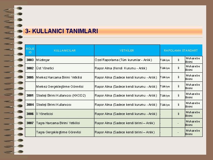 3 - KULLANICI TANIMLARI ROLE ID KULLANICILAR YETKİLER RAPOLAMA STANDART 3003 Müsteşar Özel Raporlama