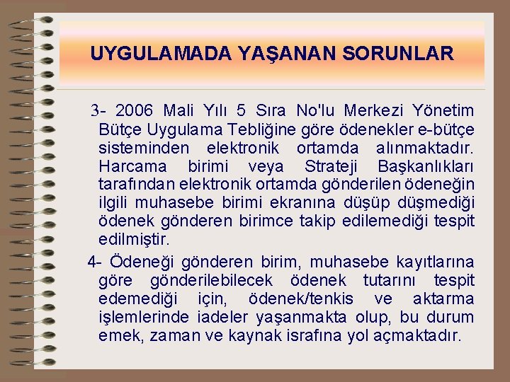 UYGULAMADA YAŞANAN SORUNLAR 3 - 2006 Mali Yılı 5 Sıra No'lu Merkezi Yönetim Bütçe