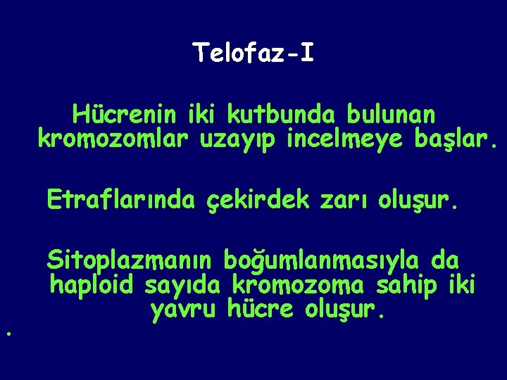 Telofaz-I Hücrenin iki kutbunda bulunan kromozomlar uzayıp incelmeye başlar. Etraflarında çekirdek zarı oluşur. •