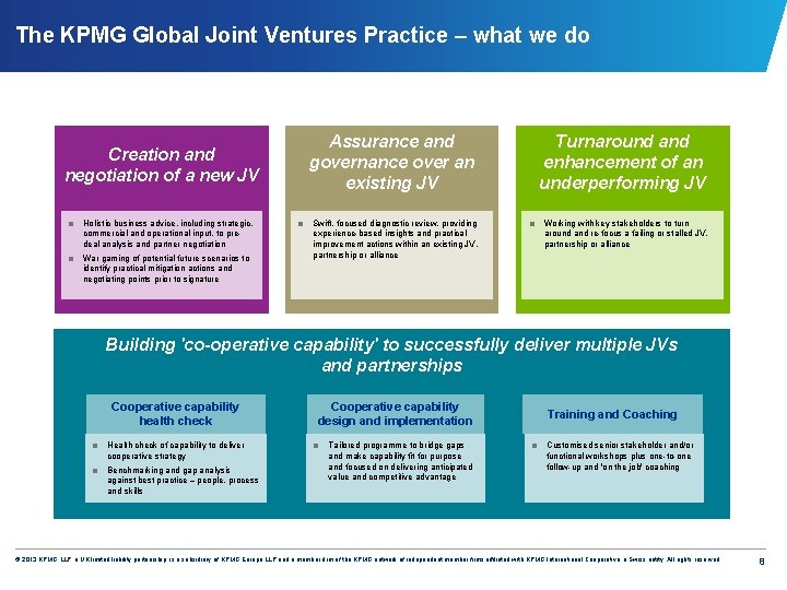 The KPMG Global Joint Ventures Practice – what we do Assurance and governance over