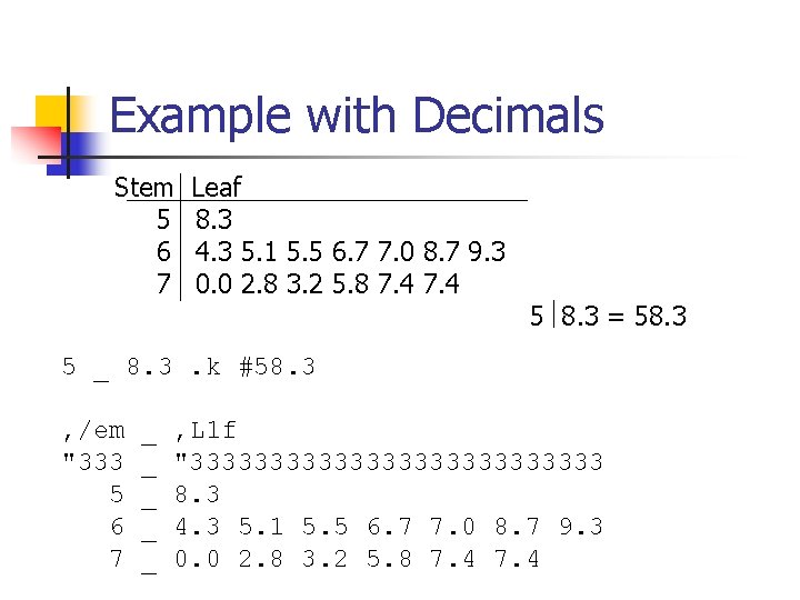 Example with Decimals Stem 5 6 7 Leaf 8. 3 4. 3 5. 1