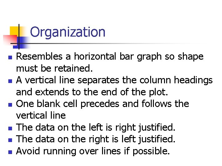 Organization n n n Resembles a horizontal bar graph so shape must be retained.