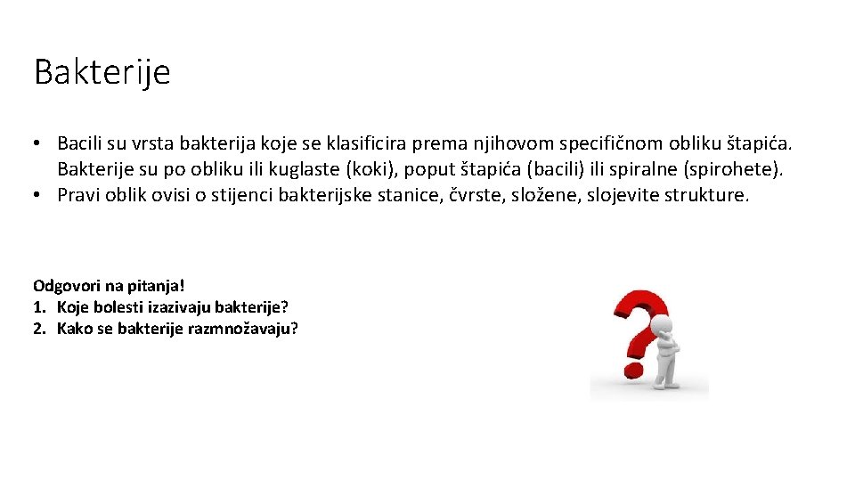 Bakterije • Bacili su vrsta bakterija koje se klasificira prema njihovom specifičnom obliku štapića.