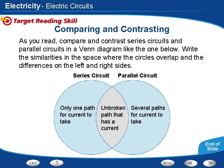 Electricity - Electric Circuits Comparing and Contrasting As you read, compare and contrast series