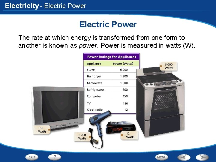 Electricity - Electric Power The rate at which energy is transformed from one form