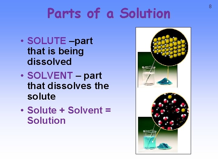 Parts of a Solution • SOLUTE –part that is being dissolved • SOLVENT –