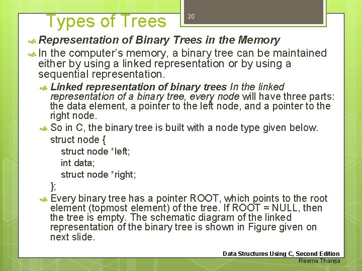 Types of Trees 20 Representation of Binary Trees in the Memory In the computer’s