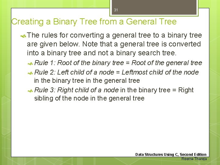 31 Creating a Binary Tree from a General Tree The rules for converting a