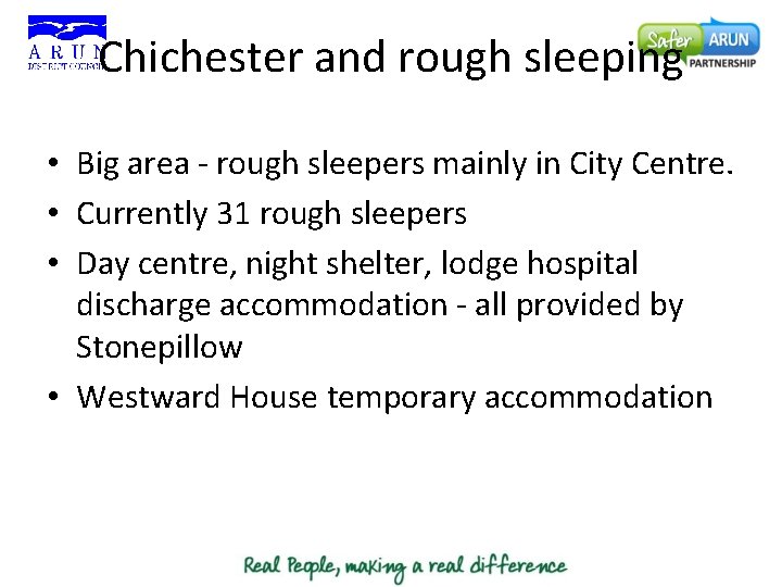 Chichester and rough sleeping • Big area - rough sleepers mainly in City Centre.