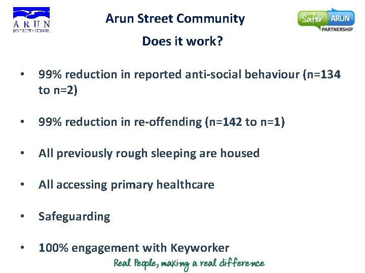 Arun Street Community Does it work? • 99% reduction in reported anti-social behaviour (n=134