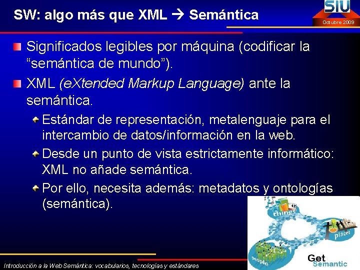 SW: algo más que XML Semántica Octubre 2009 Significados legibles por máquina (codificar la