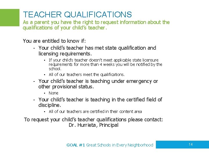 TEACHER QUALIFICATIONS As a parent you have the right to request information about the