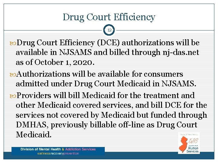 Drug Court Efficiency 12 Drug Court Efficiency (DCE) authorizations will be available in NJSAMS