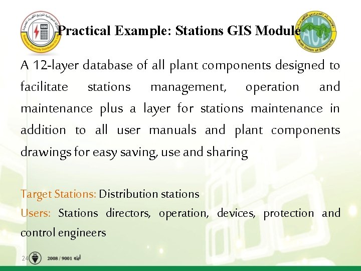 Practical Example: Stations GIS Module A 12 -layer database of all plant components designed