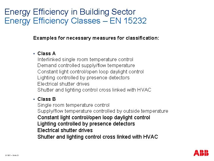 Energy Efficiency in Building Sector Energy Efficiency Classes – EN 15232 Examples for necessary