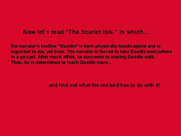 Now let’s read “The Scarlet Ibis, ” in which… the narrator's brother "Doodle" is