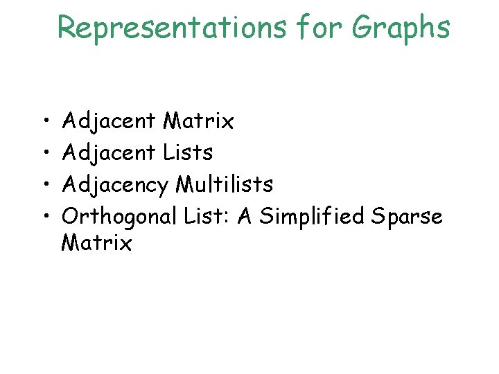 Representations for Graphs • • Adjacent Matrix Adjacent Lists Adjacency Multilists Orthogonal List: A Representations for Graphs • • Adjacent Matrix Adjacent Lists Adjacency Multilists Orthogonal List: A