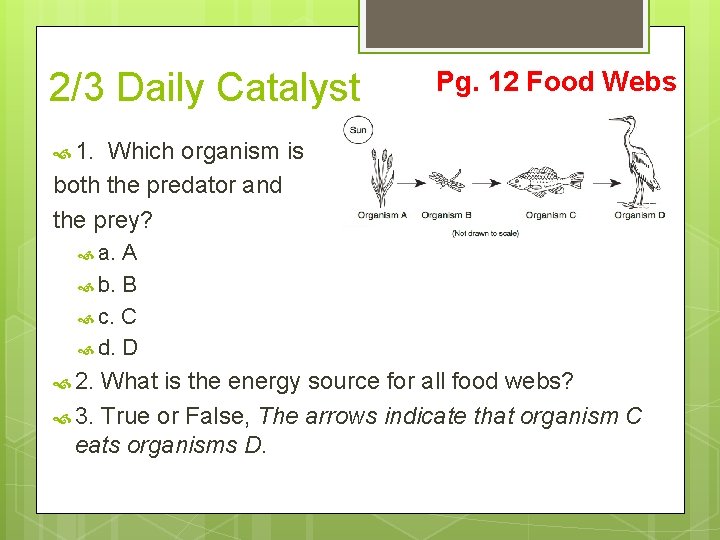 2/3 Daily Catalyst Pg. 12 Food Webs 1. Which organism is both the predator