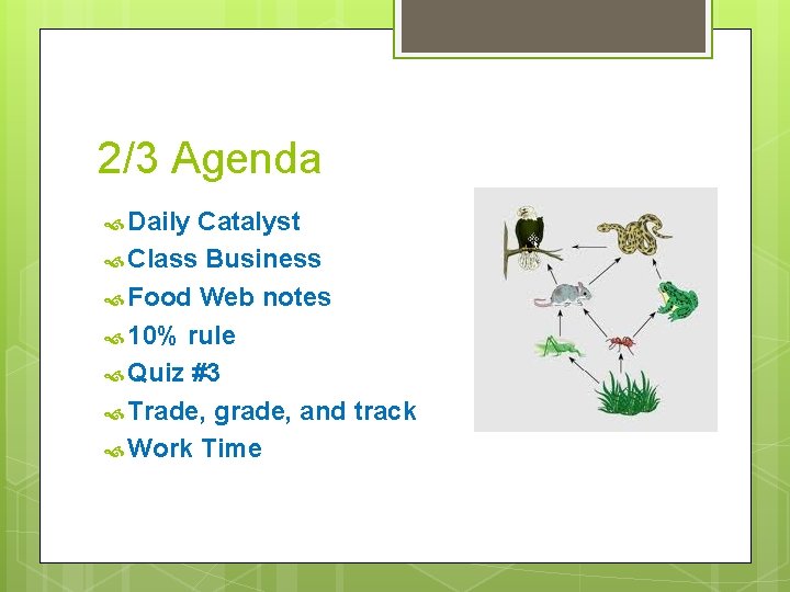 2/3 Agenda Daily Catalyst Class Business Food Web notes 10% rule Quiz #3 Trade,