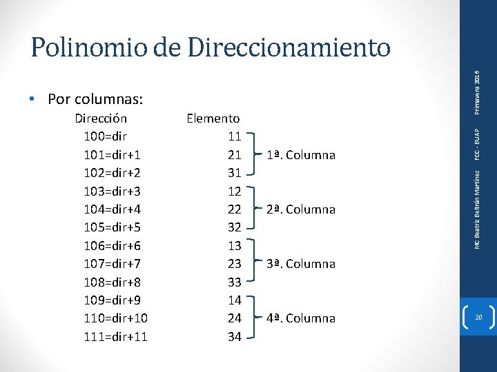  Dirección Elemento 100=dir 11 101=dir+1 21 1ª. Columna 102=dir+2 31 103=dir+3 12 104=dir+4