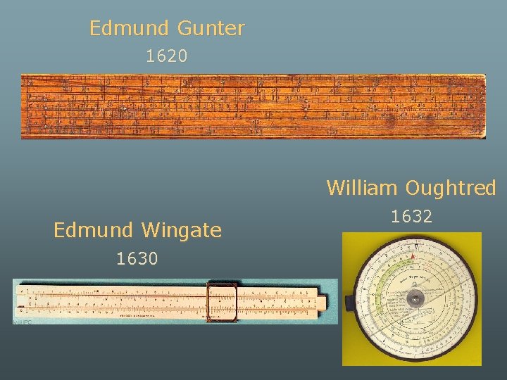 Edmund Gunter 1620 William Oughtred Edmund Wingate 1630 1632 
