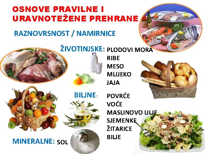 OSNOVE PRAVILNE I URAVNOTEŽENE PREHRANE RAZNOVRSNOST / NAMIRNICE ŽIVOTINJSKE: PLODOVI MORA RIBE MESO MLIJEKO