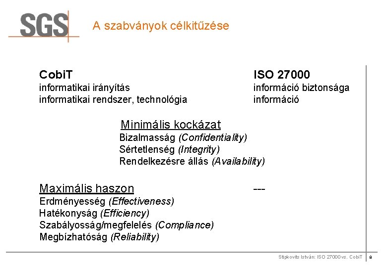 A szabványok célkitűzése Cobi. T ISO 27000 informatikai irányítás informatikai rendszer, technológia információ biztonsága