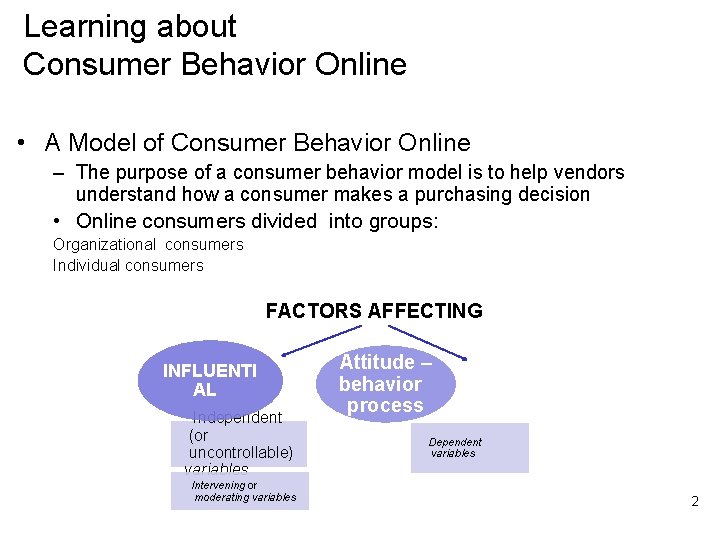 Learning about Consumer Behavior Online • A Model of Consumer Behavior Online – The