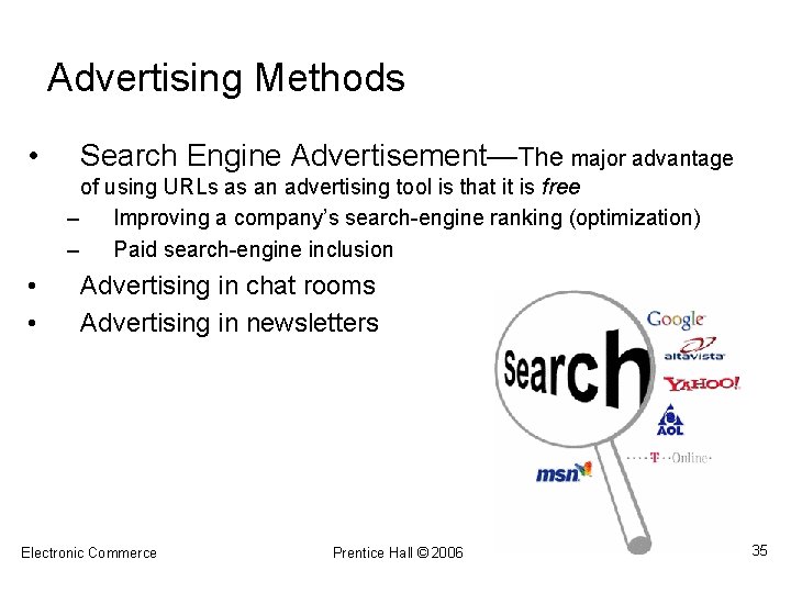 Advertising Methods • Search Engine Advertisement—The major advantage of using URLs as an advertising