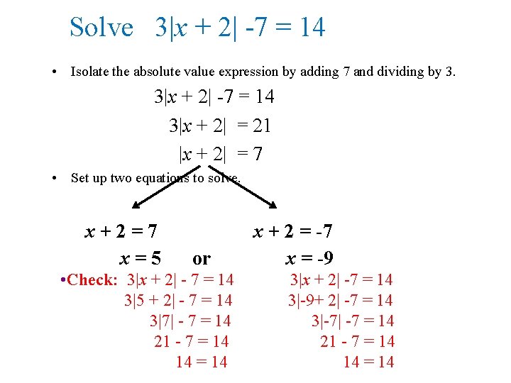 Solve 3|x + 2| -7 = 14 • Isolate the absolute value expression by