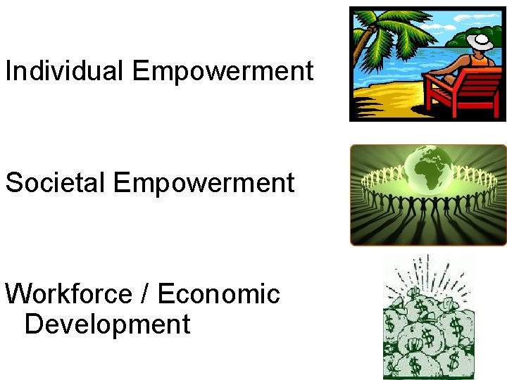 Individual Empowerment Societal Empowerment Workforce / Economic Development 