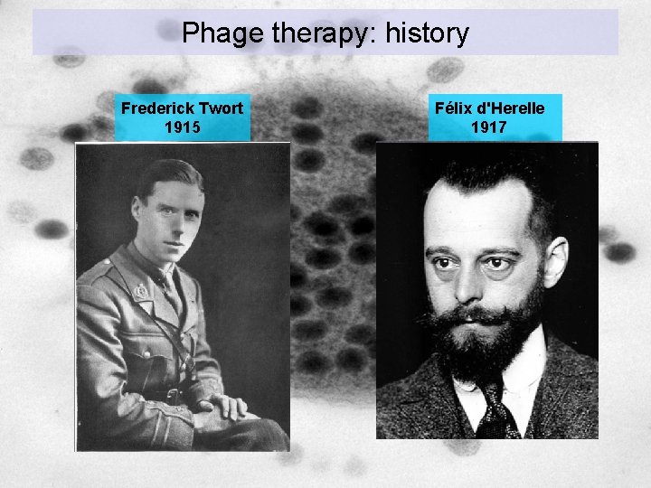 Phage therapy: history Frederick Twort 1915 Félix d'Herelle 1917 Phage therapy: history Frederick Twort 1915 Félix d'Herelle 1917