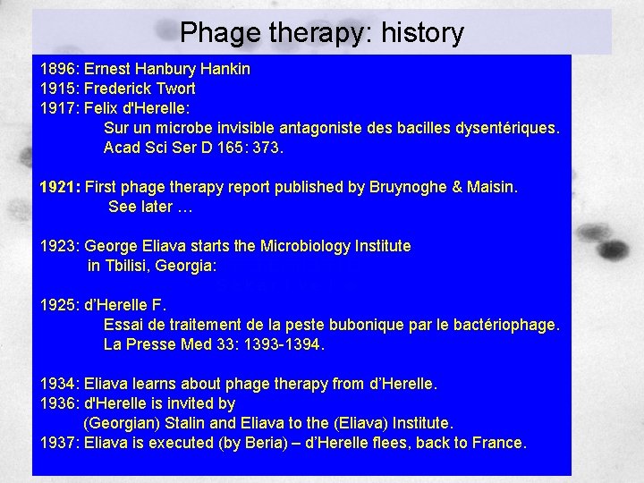 Phage therapy: history 1896: Ernest Hanbury Hankin 1915: Frederick Twort 1917: Felix d'Herelle: Sur