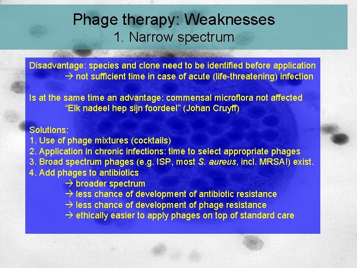 Phage therapy: Weaknesses 1. Narrow spectrum Disadvantage: species and clone need to be identified