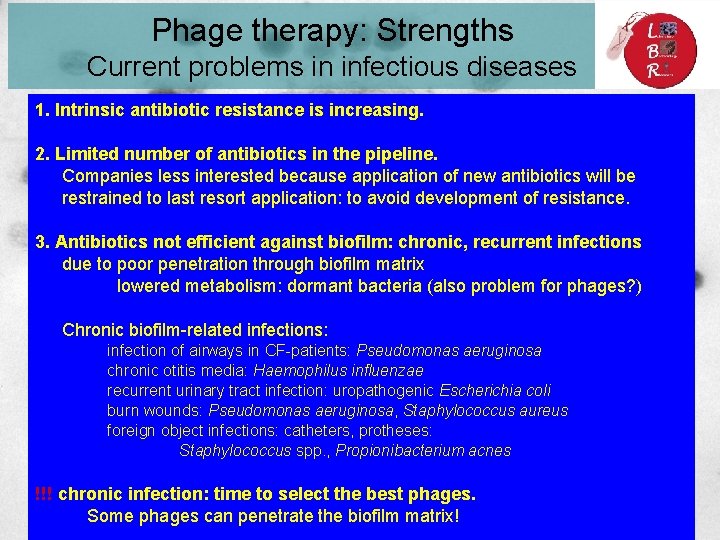 Phage therapy: Strengths Current problems in infectious diseases 1. Intrinsic antibiotic resistance is increasing. Phage therapy: Strengths Current problems in infectious diseases 1. Intrinsic antibiotic resistance is increasing.