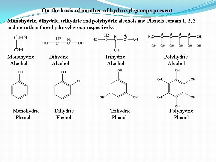 On the basis of number of hydroxyl groups present Monohydric, dihydric, trihydric and polyhydric
