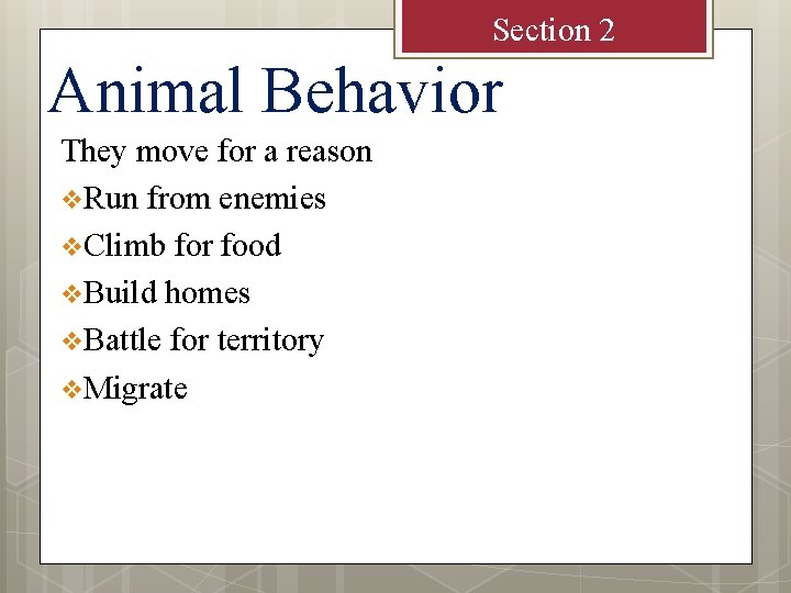 Section 2 Animal Behavior They move for a reason v Run from enemies v