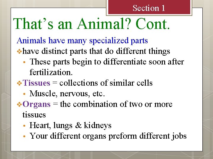 Section 1 That’s an Animal? Cont. Animals have many specialized parts v have distinct