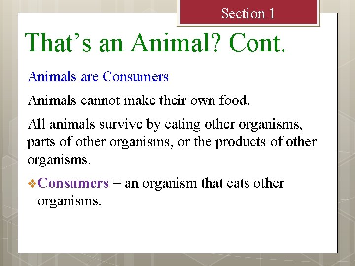 Section 1 That’s an Animal? Cont. Animals are Consumers Animals cannot make their own