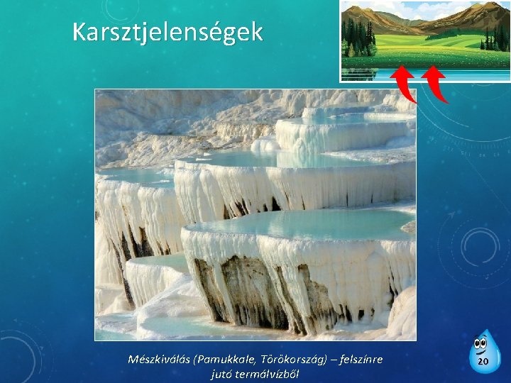 Karsztjelenségek Mészkiválás (Pamukkale, Törökország) – felszínre jutó termálvízből 20 