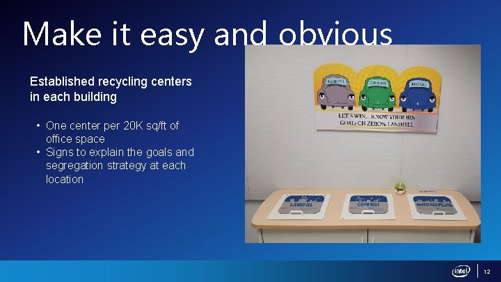 Make it easy and obvious Established recycling centers in each building • One center