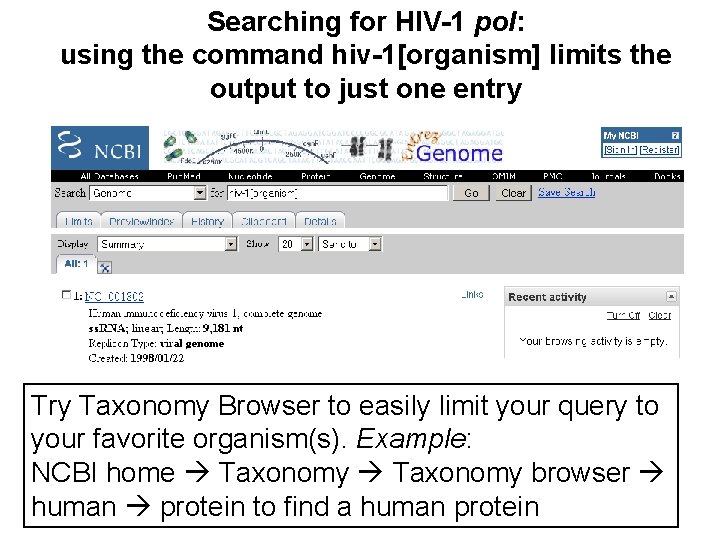 Searching for HIV-1 pol: using the command hiv-1[organism] limits the output to just one